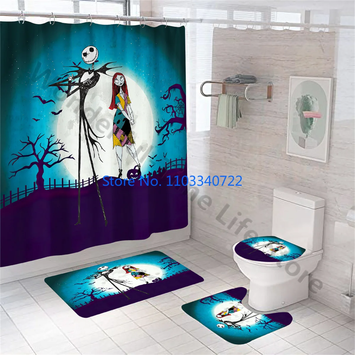 Happy Halloween Zombie Couple Wizard 4 Pcs Set Curtain Set 4pcs with Hooks Cartoon Decor Waterproof Bathroom Toilet Mat Lid