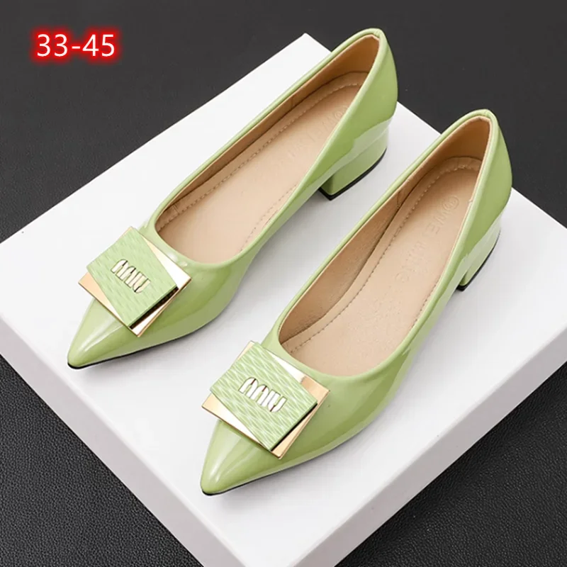 Lady Low Heels Bride Shoes In Green Red Black Metal Buckle 3cm Slip-On 33-45 27.5cm Loafers Designer Luxury Chaussures New Style