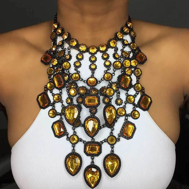 

2025 New Multicolor Acrylic Crystal Round Water Drop Tassel Necklace Women Indian Statement Choker Necklace Earrings Jewelry