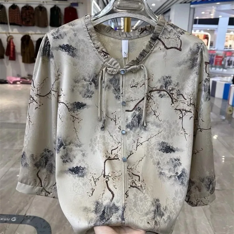 Women New Chinese Style Satin Blouse Ink Plum Landscape Print 3/4 Sleeve Traditional Knot Top Mother Summer Daily Wear