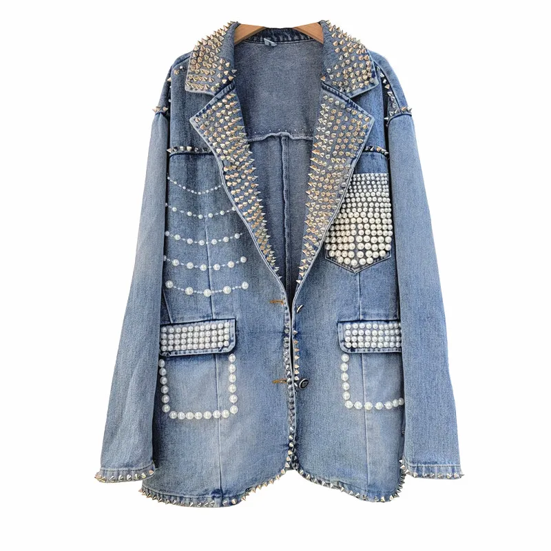 2022 autumn new rivet beaded blue denim jacket women\'s pocket casual coat