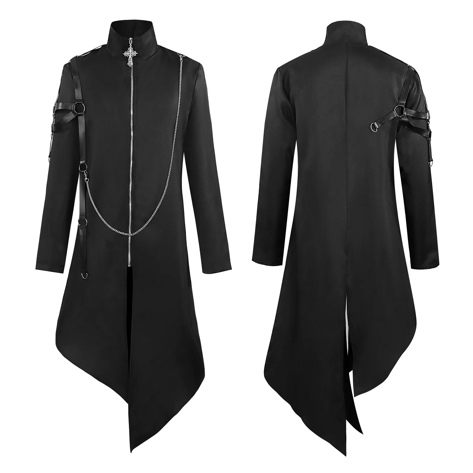 

Vintage Halloween Medieval Steampunk Assassin Elves Pirate Costume Adult Men Black Long Split Jacket Gothic Armor Coats