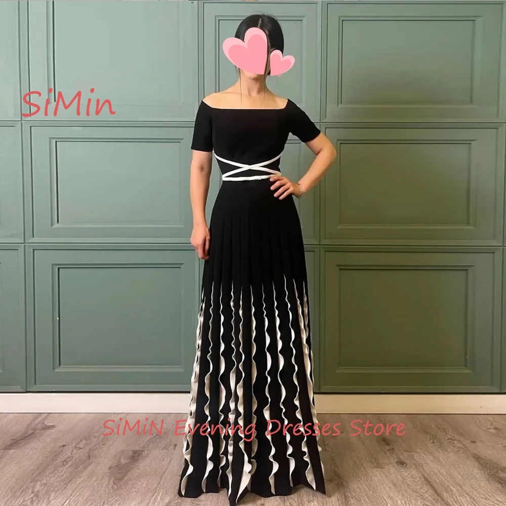 

Simin Saudi Square Neckline Ruffle Satin Short Sleeves Grace Prom Sash Floor-Length Arab Evening Party dresses for women 2024