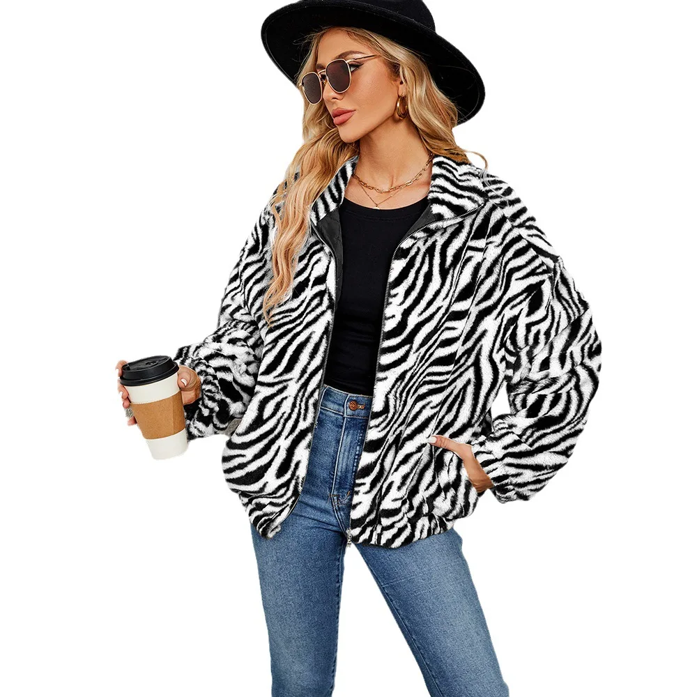 

2025 New Fashion Pin Print Zipper Lapel Jacket Women Autumn Casual Loose Leopard Print Long Sleeve Jacket For Women