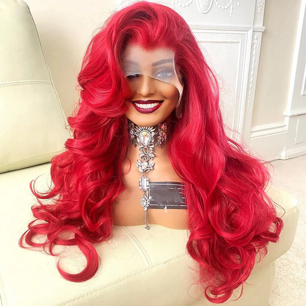 Perruque Lace Front Wig ondulée synthétique rouge vif, magnifique et rebondisnoyaux, perruque optique, superbe perruque de cheveux humains de luxe