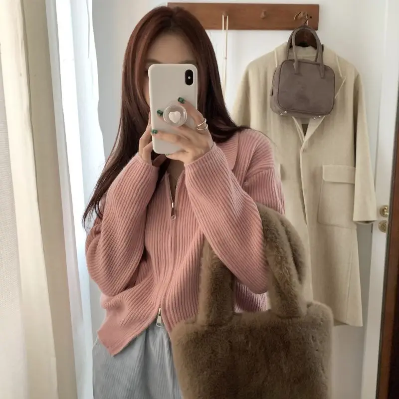 Pullovers Women Solid Zipper Fashion Leisure All-match Spring Retro Simple Sweet Cute New Sleeve Clothes Soft Streetwear Sweater