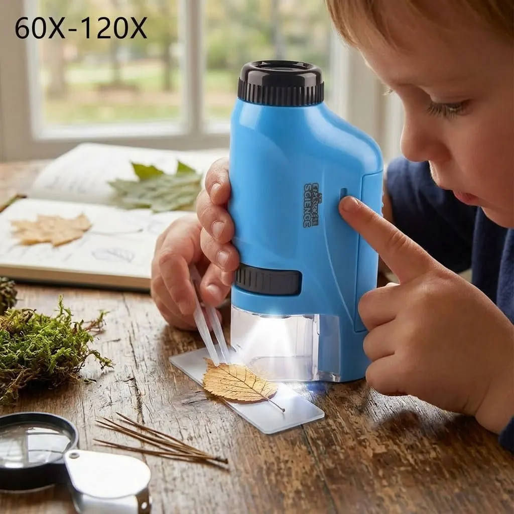 Children Portable Microscope Toy Handheld Mini Pocket Microscope for Kids School Students Outdoor Science Experiment Equipment LED Lighted Microscope STEM Learning Kit Toy Classroom Study Specimen Observation