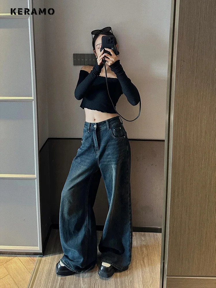 American Vintage High Waist Straight Blue Jeans Women's Casual High Street Pants Baggy Y2K Wide Leg Grunge Washed Denim Trouser