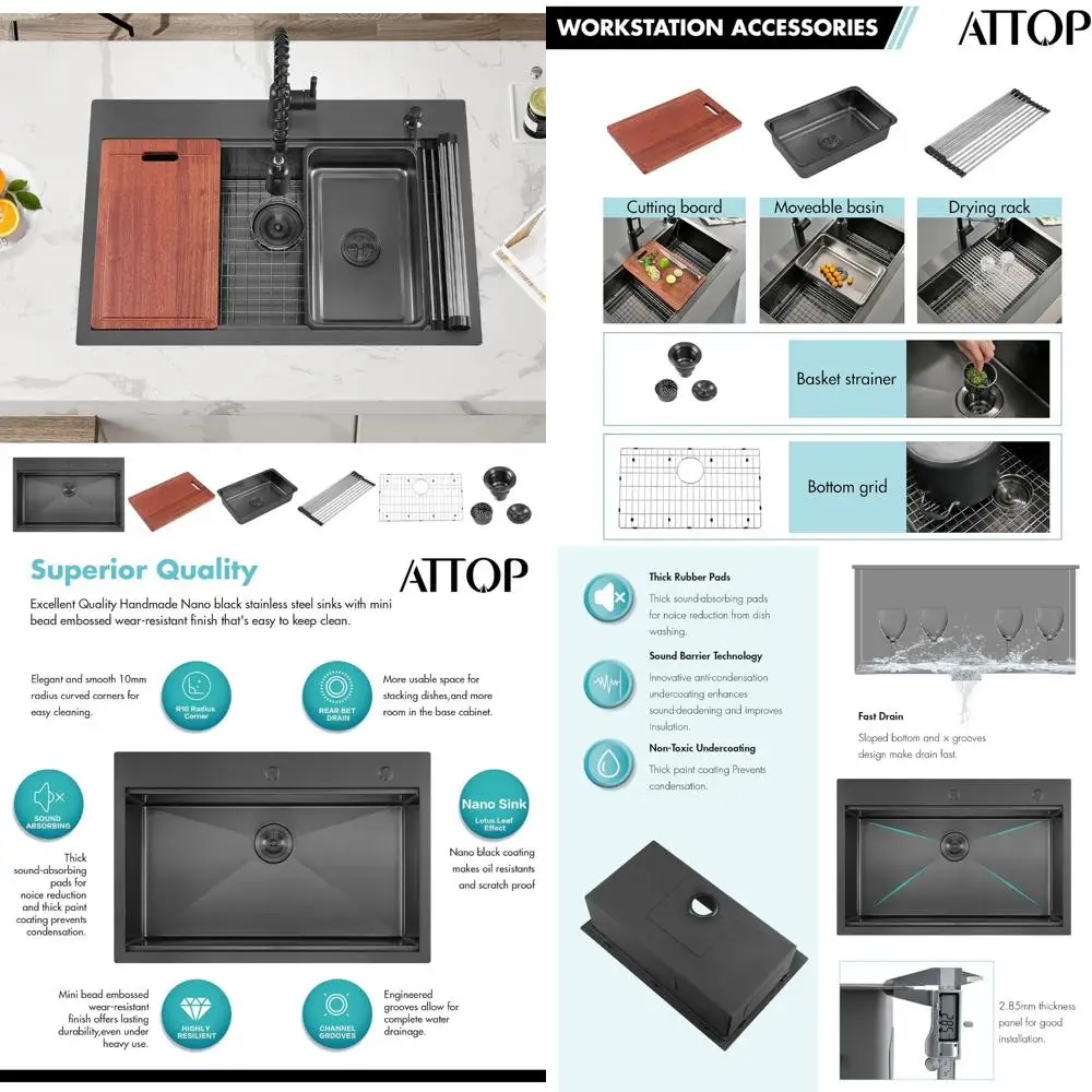 

33 Inch Black Single Bowl Stainless Steel Kitchen Workstation Sink with 33x22 Inch Handcrafted Ledge Drop