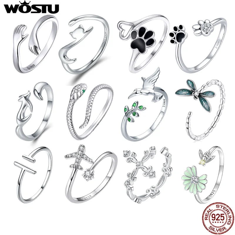 WOSTU Authentic 925 Sterling Silver Lovely Animals Snake Cat Clear CZ Adjustable Rings Women Wedding Party Fine Jewelry Gift