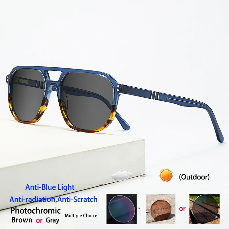 Fashion Brand Design Double-girder Pilot Oversized Acetate Frame Photochromic Anti Blue Ray Men Sunglasses Prescription Glasses - Image 3