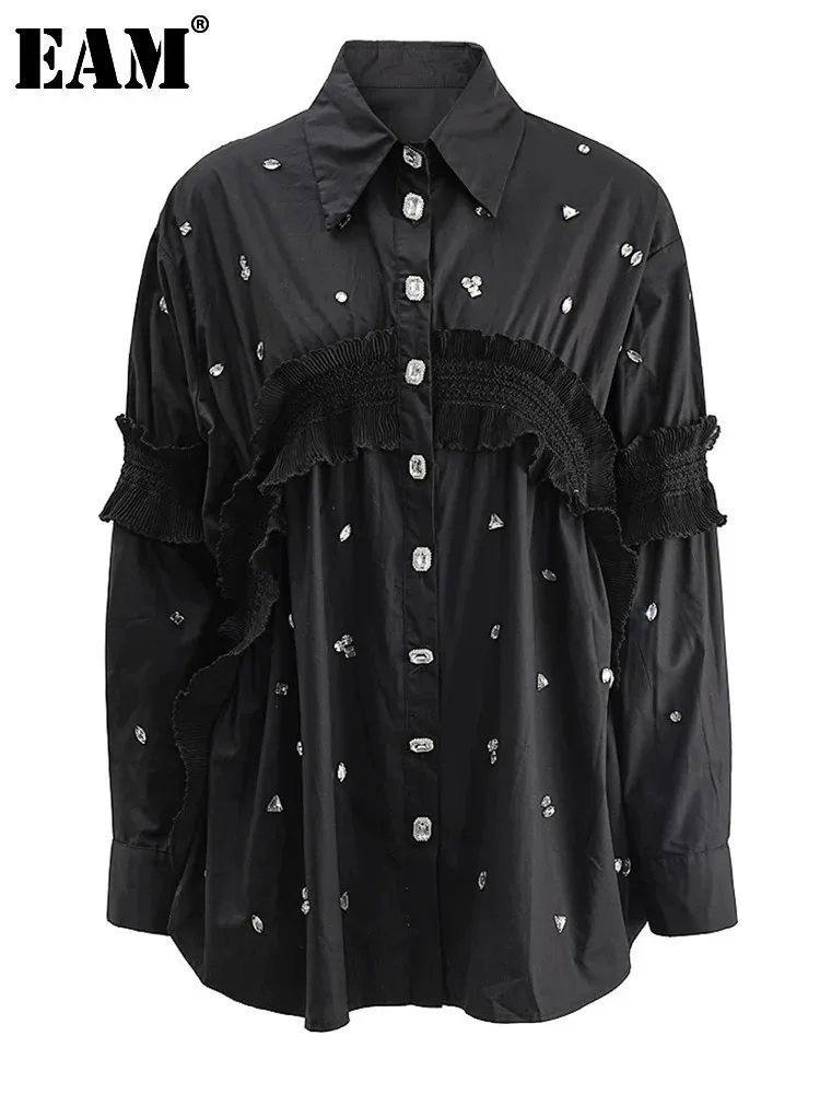 [EAM] Women Black Rhinestones Big Size Elegant Blouse New Lapel Long Sleeve Shirt Fashion Tide Spring Autumn 2024 CPG1538