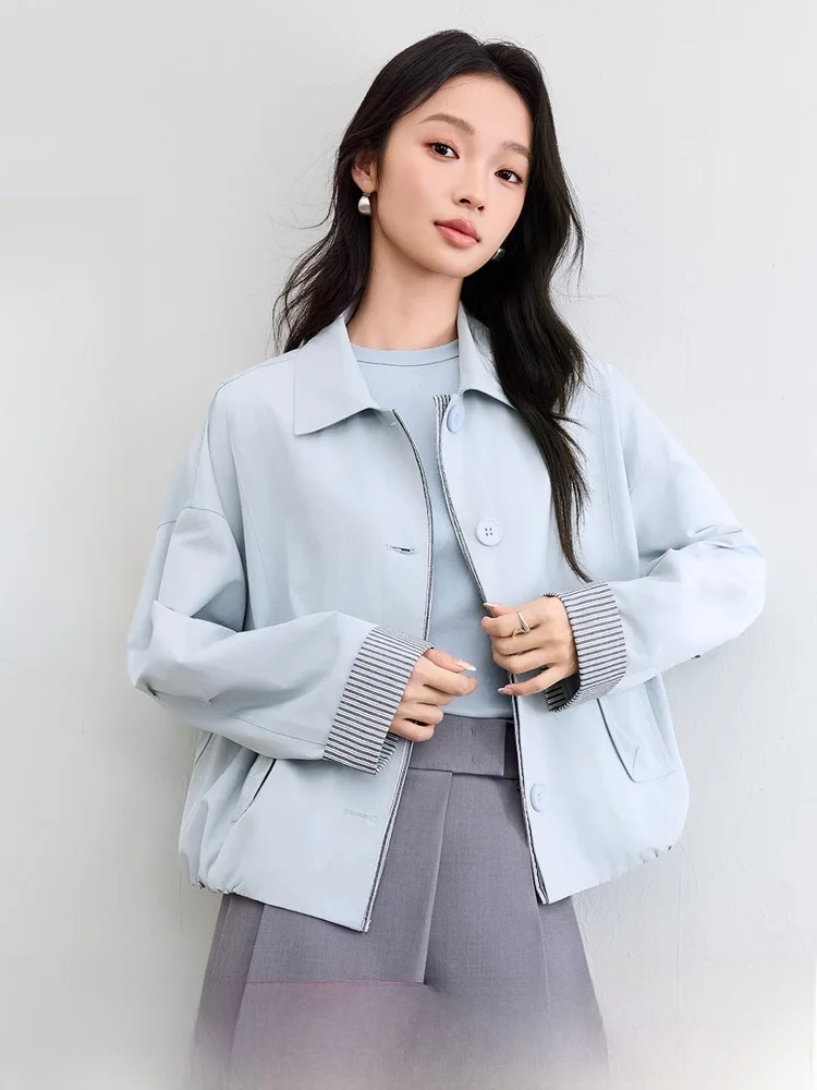 

Slimming Effect Loose Striped Material oulder Drop Sves Turn-down Collar Spring New Women's Jaet Casual Sle