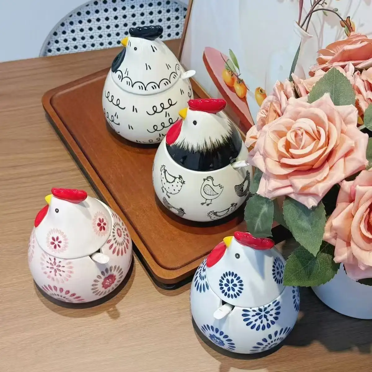 Creative Rooster Ceramic Seasoning Pot Home Chicken Modeling Ceramic Kitchen Pot Moisture-proof with Lid Seasoning Tools