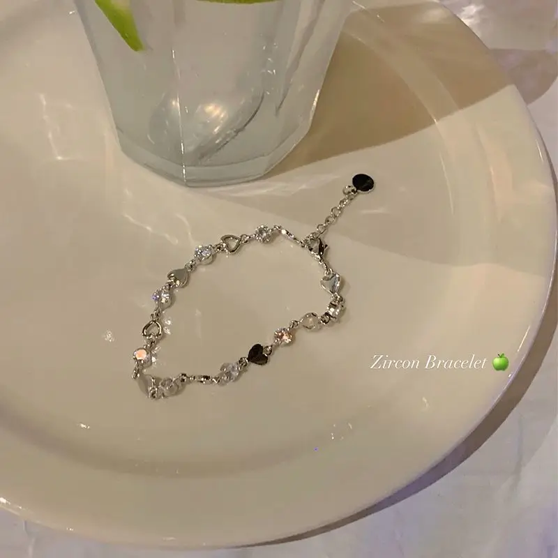 Silver Heart Shaped Bracelet For Women Retro Korean Versatile Zircon Charm Bracelets Original Party Jewelry Sweet Girls Gifts
