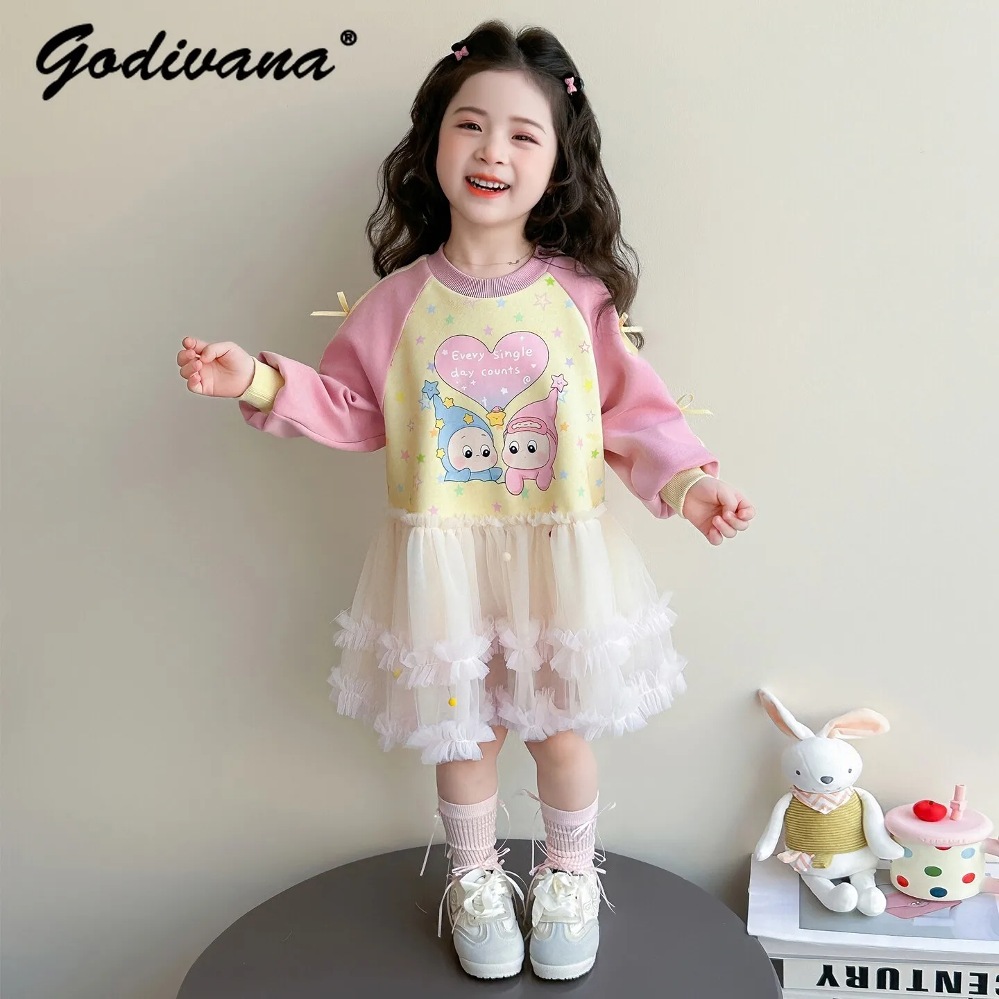 Sweet Girls Spring Fashion Dress Cute Cartoon Print Mesh Patchwork Sweatshirt Dress Baby Girl Lovely Long Sleeve Casual Dress