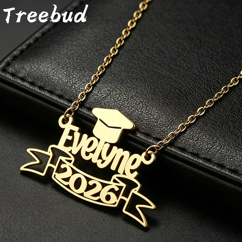 Treebud Personalized Graduation Year Name Necklace for Women Stainless Steel Custom Bachelor Cap Nameplate Pendant Jewelry Gift