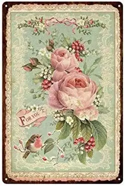 Rose Flower Vintage Pastoral Artistic Tin Painting Home Living Room Decor Pin Up Garden Metal Wall Plate-Tin Sign