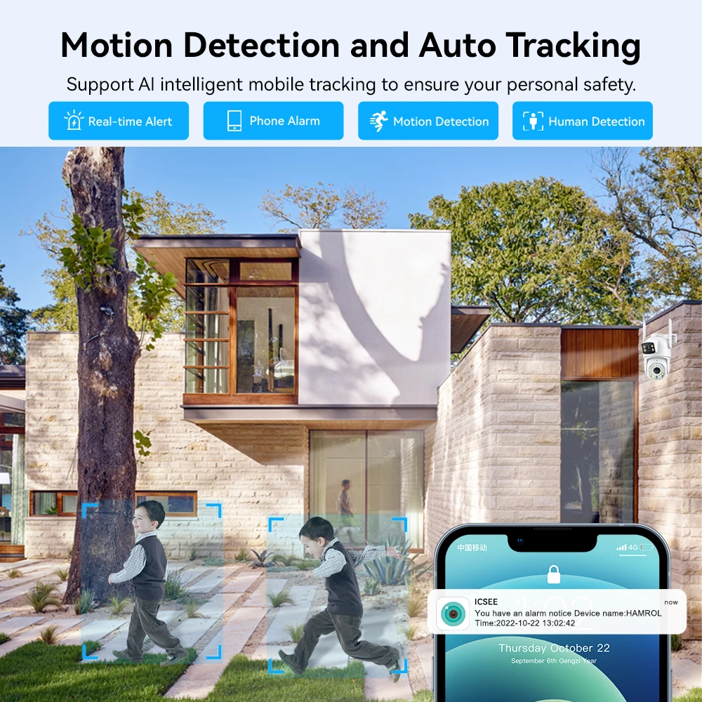 8MP WIFI IP Camera 4K Wireless Outdoor PTZ Dual Lens With Dual Screen Ai Human Auto Tracking Color Nightvision ICSEE P2P