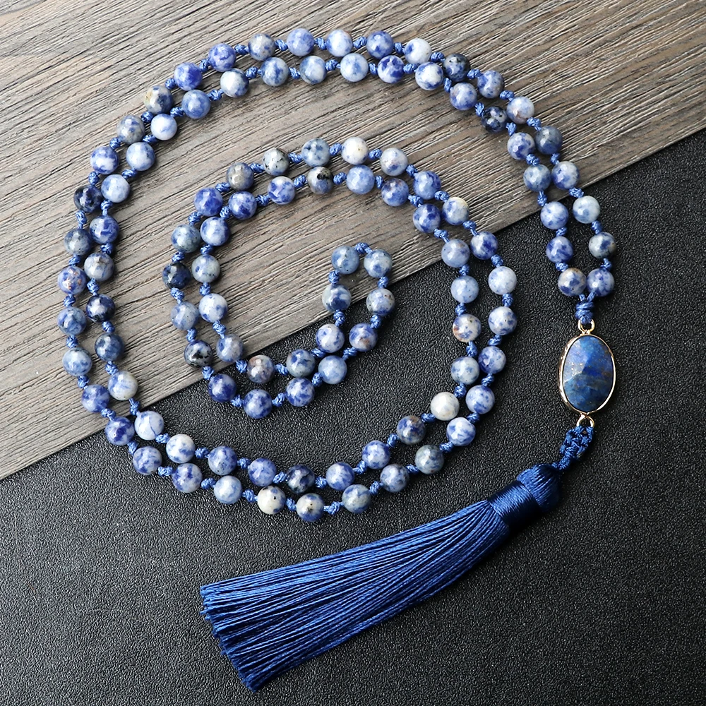 New Prayer 108 Mala Beads Tassel Pendant Necklace 6mm White Dot Blue Natural Stone Bracelet&Bangle Chain Jewelry Gift Friend