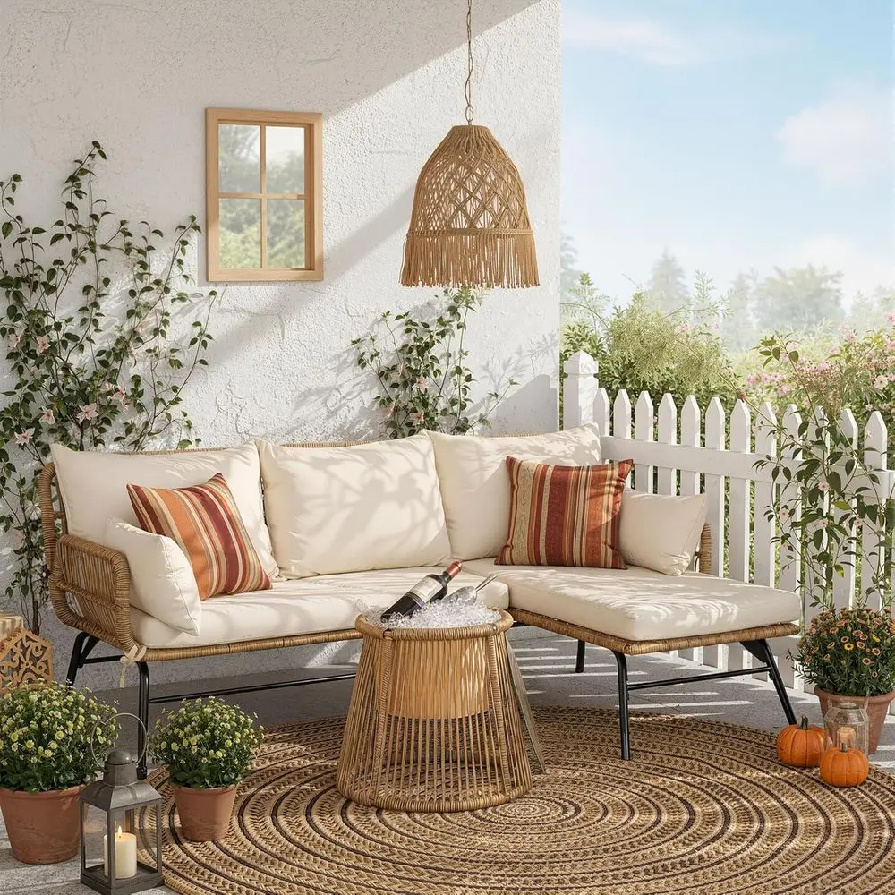 

Комплект садовой мебели в стиле бохо из 3 предметов с подушками, плетеный диван и ведерко для льда для L-образной зоны отдыха на открытом воздухе, бежевый