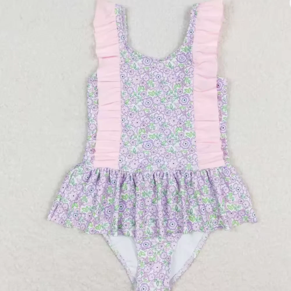 

Swimsuit Kids Pink and Purple Floral Printed Sleeveless Bath Clothes Bodysuit