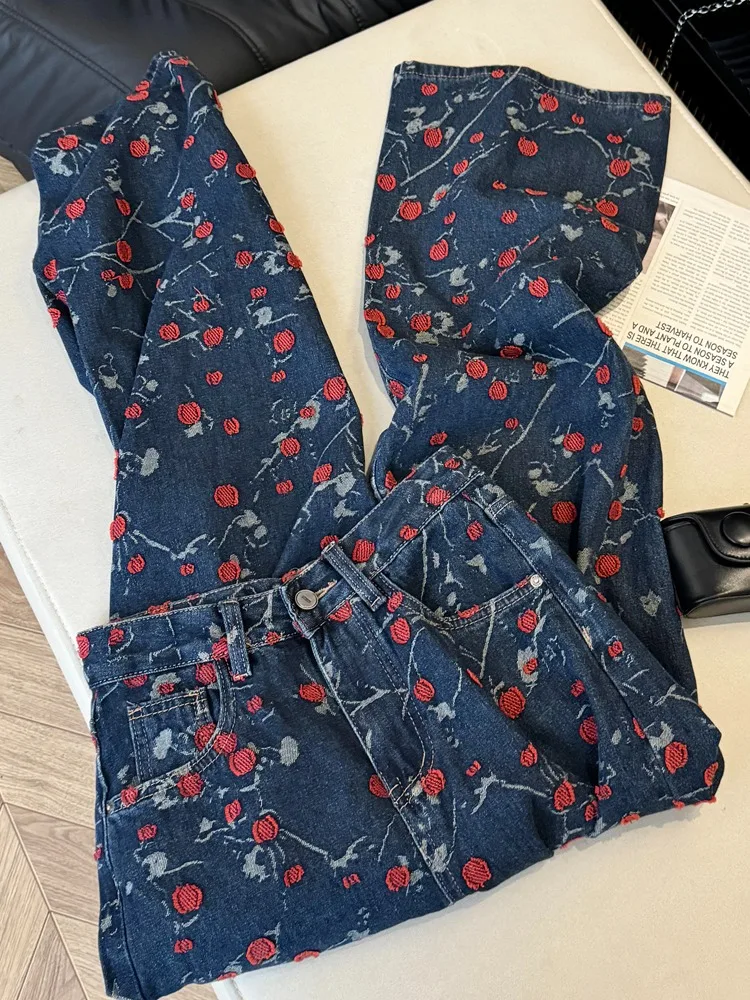 Retro blue contrasting color embroidered flower straight leg jeans for women 2025 new autumn loose wide leg floor pants