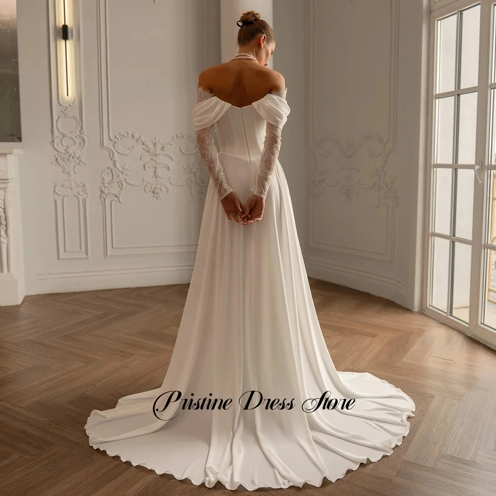 فستان زفاف شيفون ساحر بدون حمالات طيات مخصصة دانتيل قبالة الكتف فساتين الزفاف مع فتحة جانبية وقطار الاجتياح