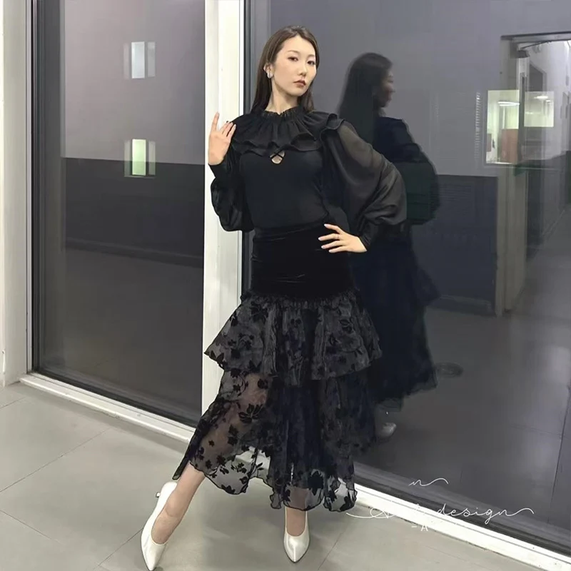 2024 New Ballroom Practice Dance Skirt Women Sexy Black Lace Plant Mesh Wrapped Hip Skirt Social Waltz Dancing Skirt XH1547