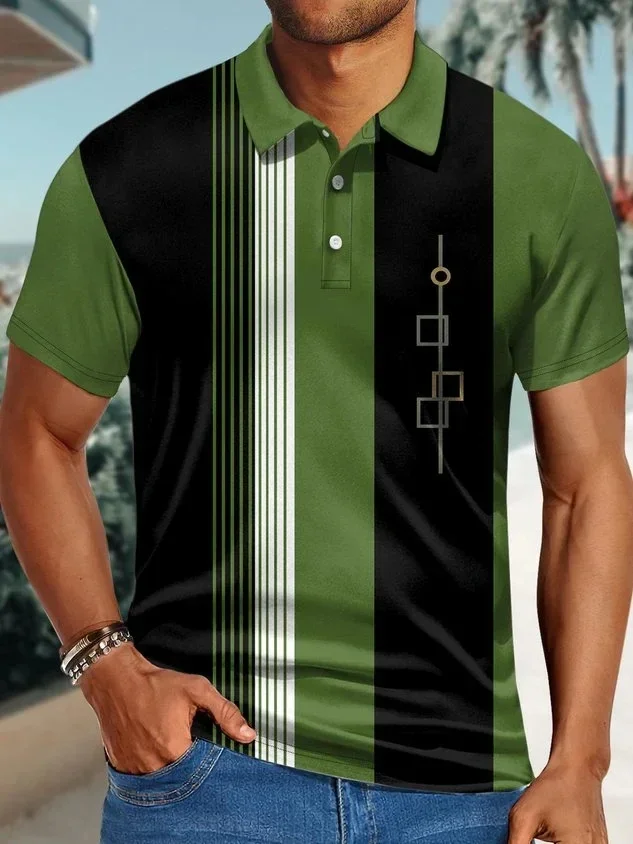 Kaus Polo kerah Polo pria, baju Polo pria kerah Polo bergaris Hawaii motif grafis lucu