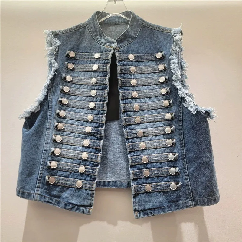 Vintage Double-Row Buttons Decoration Denim Vest Women White Black Blue Short Cardigan Stand Collar Sleeveless Cowboy Waistcoat