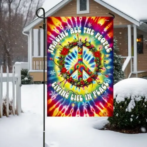 Hippie Peace Sign Christmas Flag Imagine All The People Living Life In Peace GGP FFL EEN AAL