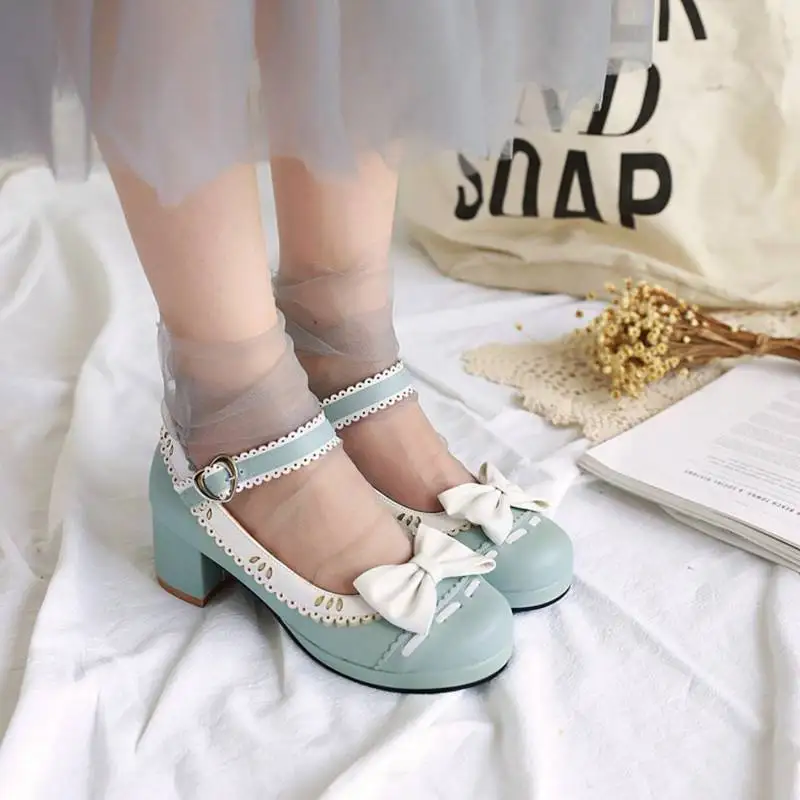 ASILETO Spring Autumn knot pumps Shoes woman Med heels Round toe Bowtie Big size 33-43 sweet ruffle Lolita princess girl shoes