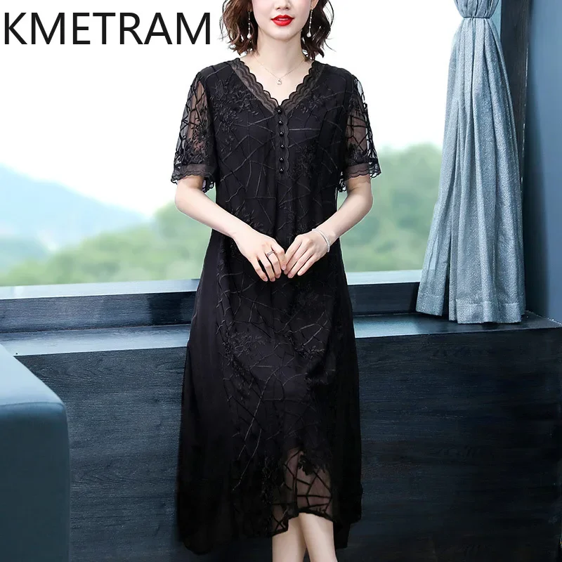 KMETRAM 100% Real Mulberry Silk Dress Luxury Party Long Dresses Women Clothing 2024 Summer Black V-Neck Frocks for Woman Vestido