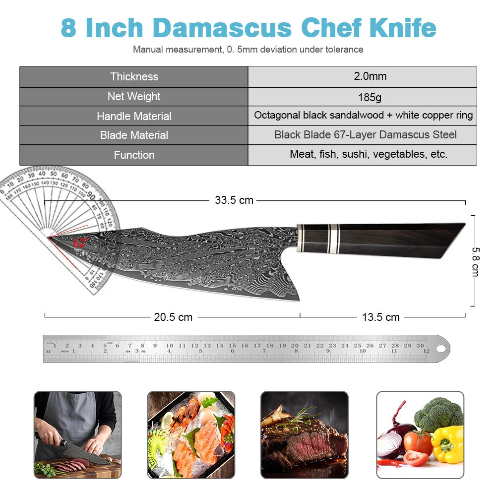 XITUO Kitchen Chef Knife 8 Inch,Octagonal Black Sandalwood Handle Gyuto Knife Sharp Damascus Steel Cooking Knife For Slicer Tool