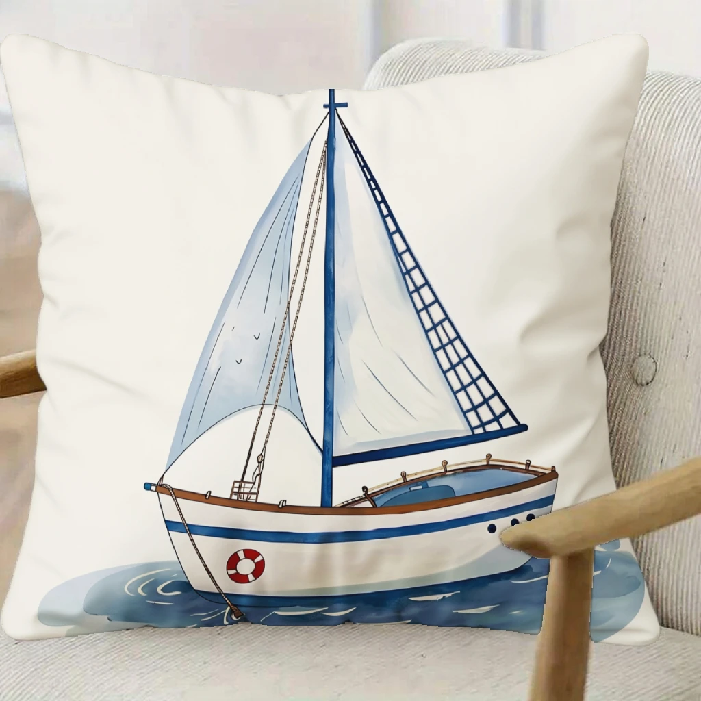 Nautical Boat Painting Throw Pillow Case Coastal Decor Ocean Scene Seascape Cushion Cover for Beach House