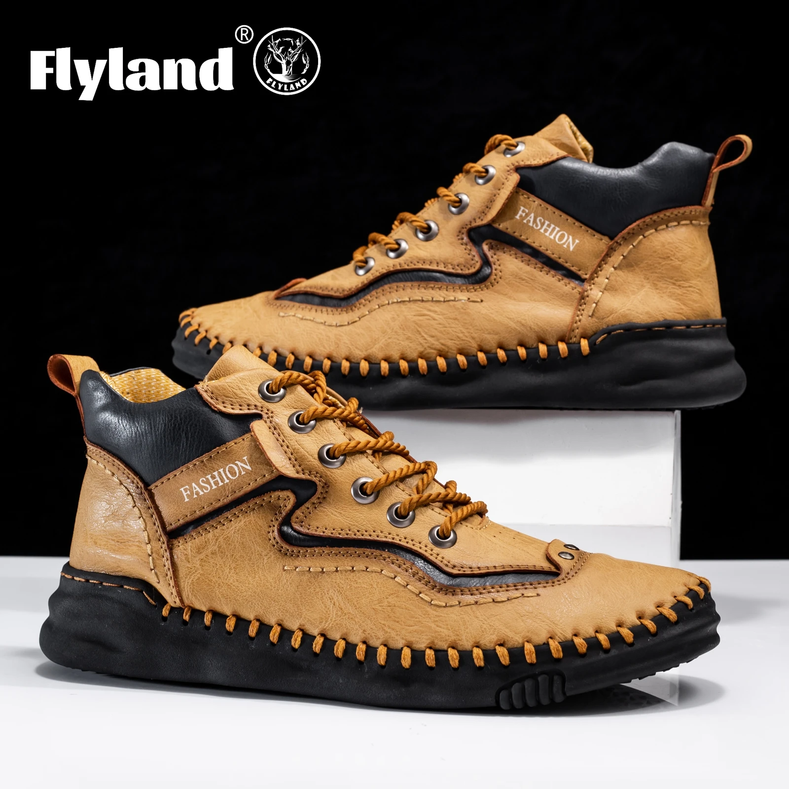 FLYLAND Men\'s Fashion Vintage Hand Stitching Soft Business Casual Leather Ankle Boots Handmade Shoes