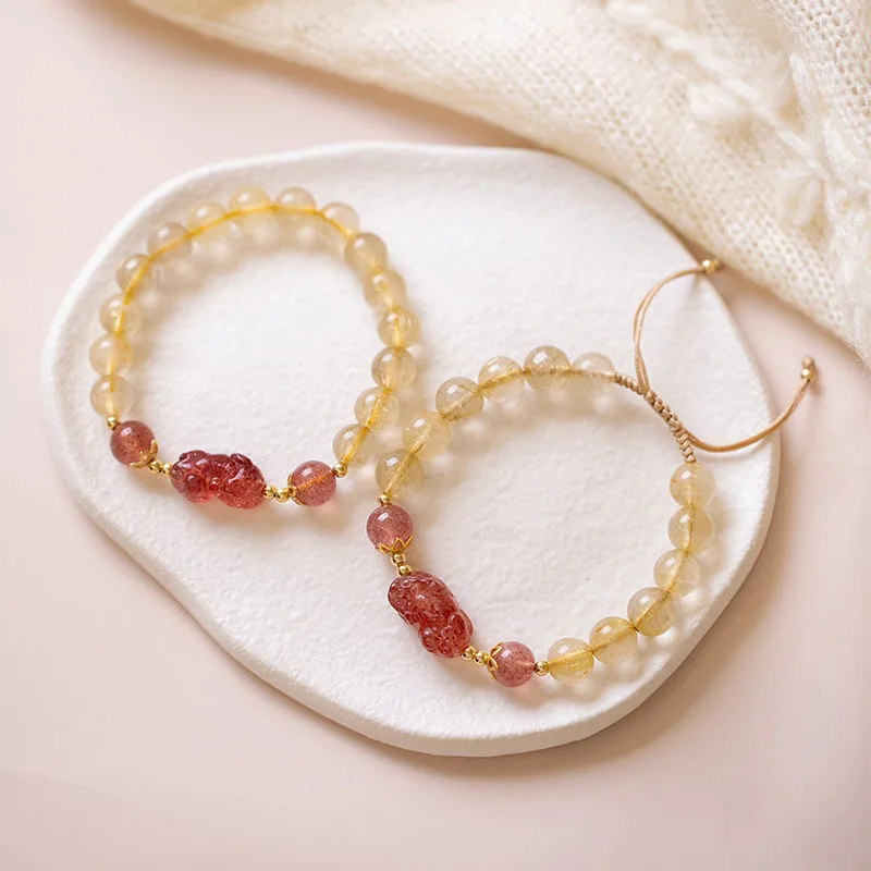 Natural Strawberry Crystal Bracelet Women's Woven Rope Pink Crystal Yellow Crystal Golden Hair Light Luxury Girl Handwear