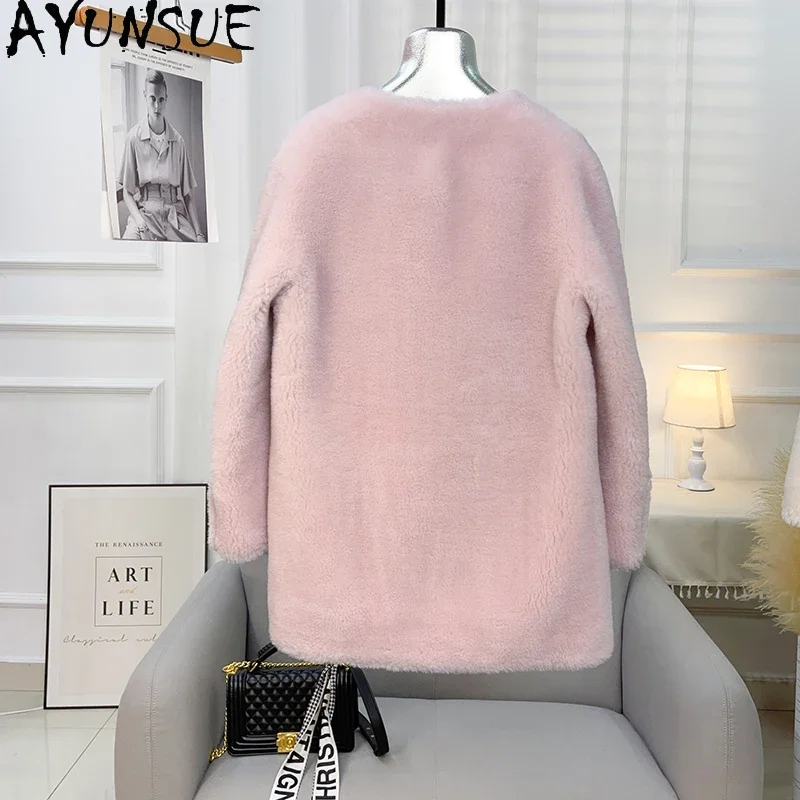 AYUNSUE Casual Sheep Shearing Jacket for Women Autumn Winter Mid-length 100% Wool Coat Round Neck Single-breasted Fur Coats