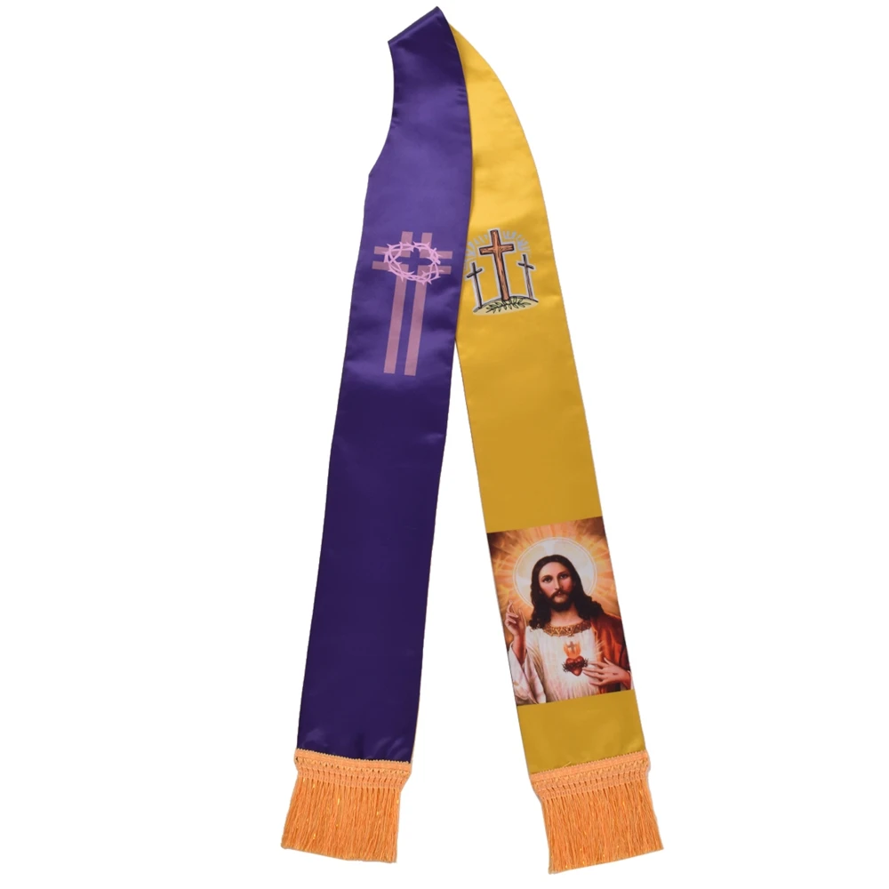 Catholic Priest Clergy Stole Cross Figure Pattern Mass Scarf with Tassels Church Reversible Stole