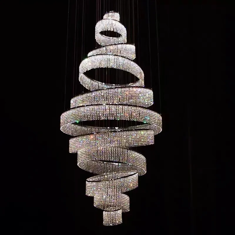 

Villa duplex building chandelier living room LED crystal lamp modern light luxury circular spiral staircase long hanging lamp