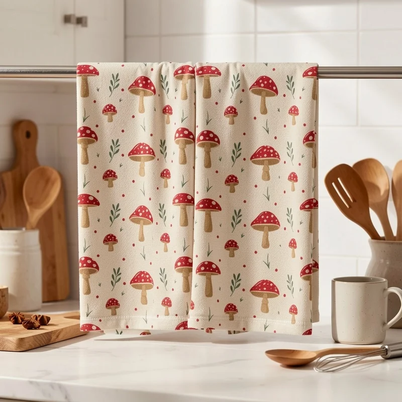 2-Pack dish towels Christmas style, cute mushrooms, plants, red dots, Christmas leaves, microfiber absorbent kitchen cloth