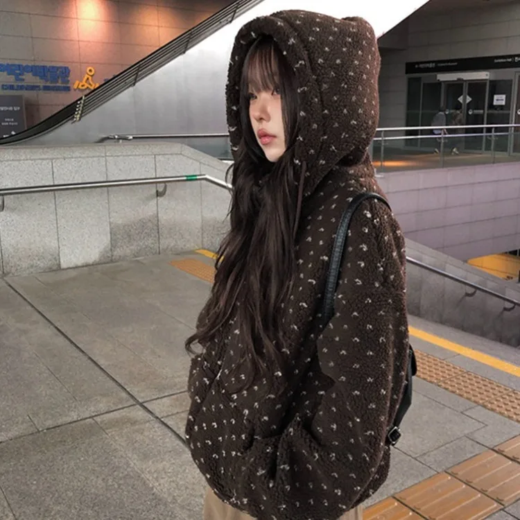 Autumn Winter Thickened Hooded Furry Jacket Women's Short Outerwear Versatile Style Camel Hair 100% Fabric Winter Collection