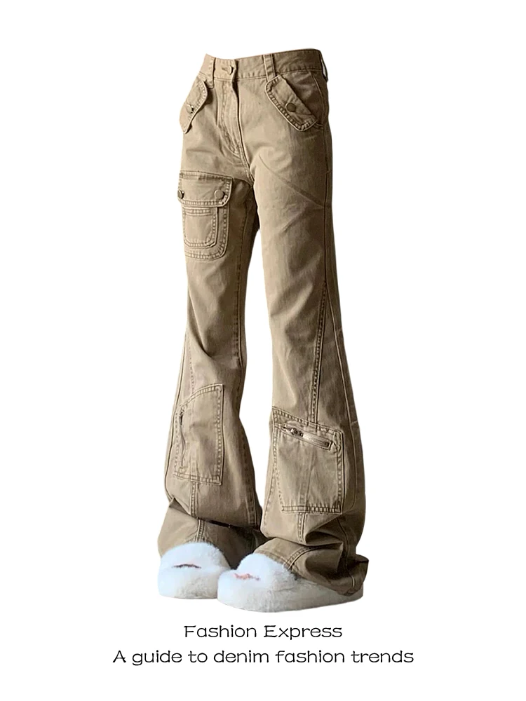 

Рабочие джинсы-клеш для женщин, цвет хаки, с высокой талией, на молнии, с эффектом потертости, весна-осень