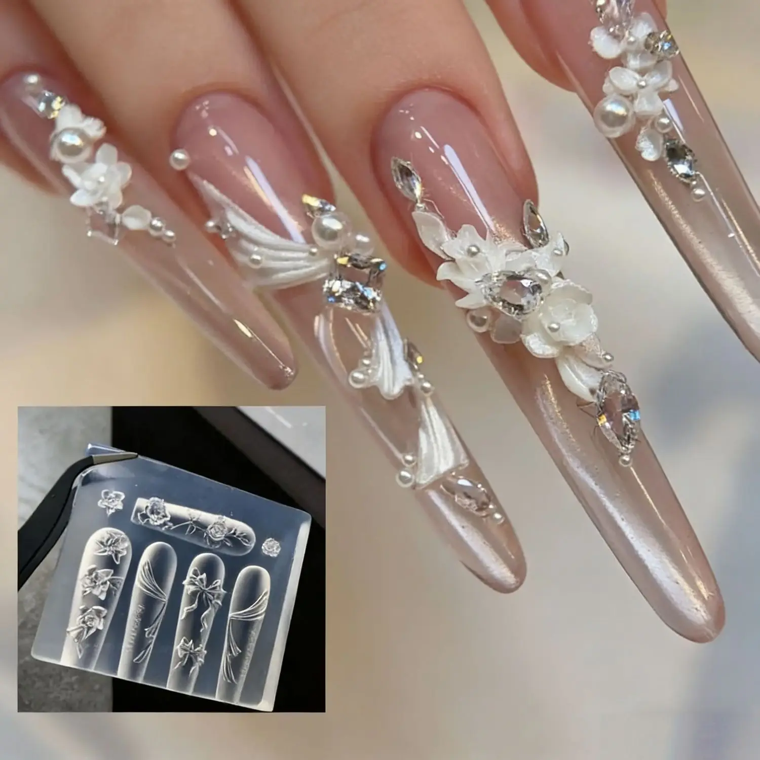 **3D Silicone Nail Art Mold Rose Flower Bow Wing Retro Relief Pattern Design DIY Nail Templates Manicure Design Tool