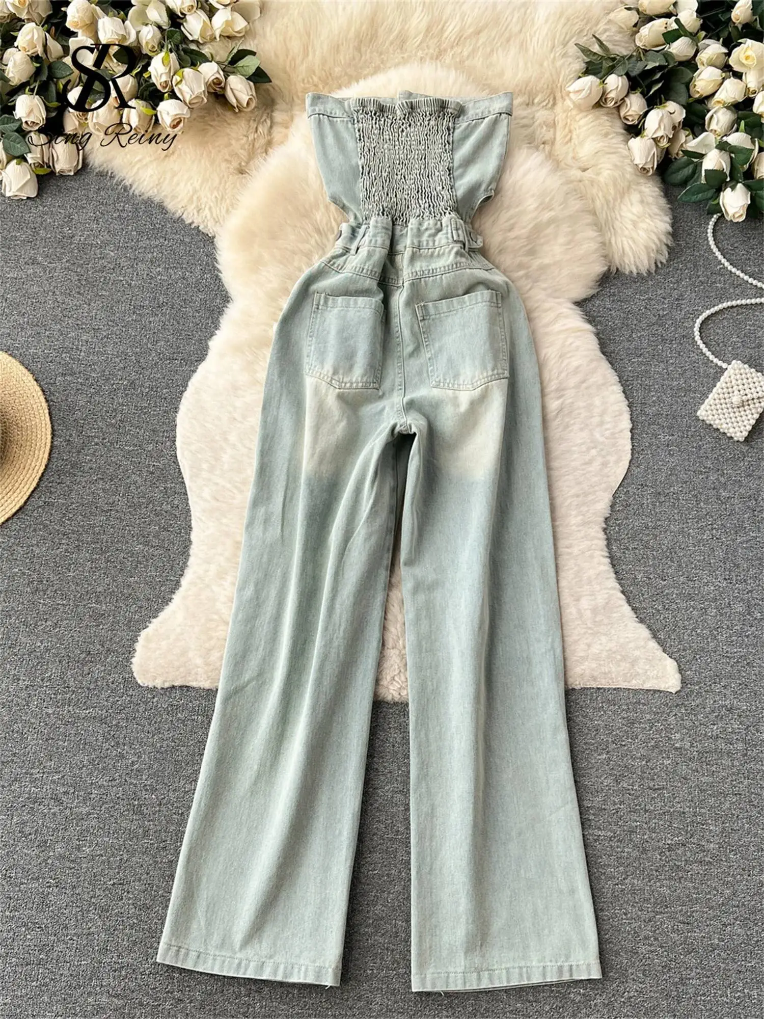 American Retro Streetwear Denim Jumpsuits Zipper Pocket High Waist Wide Legs Ripped Pants Summer Women Slim Rompers