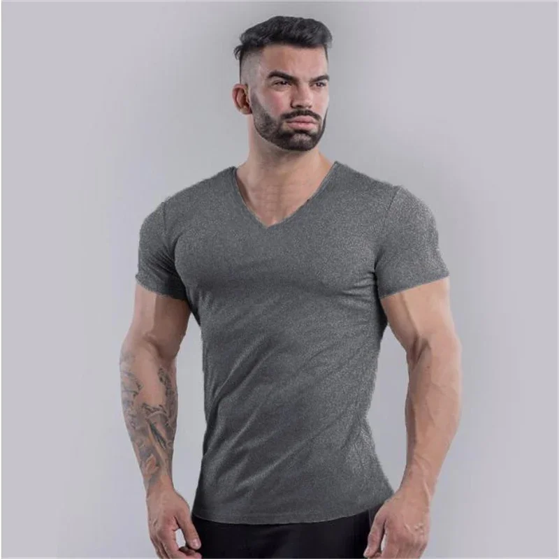 Brand Summer Cotton T-shirt Men V-neck Fashion Design Slim Fit Soild Sports T-shirts Male Tops Tees Short Sleeve T Shirt For Men