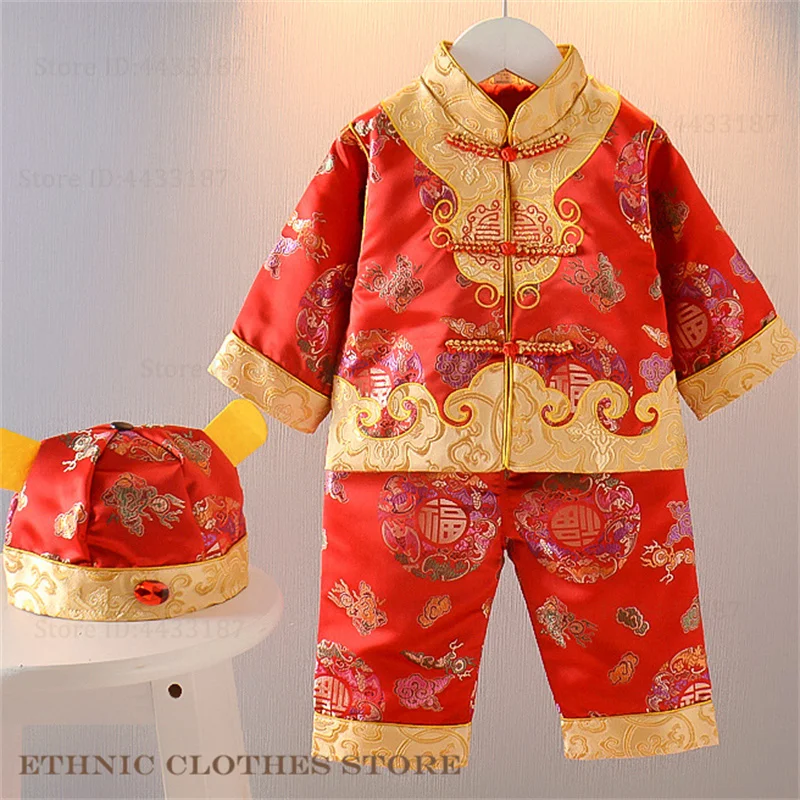 Children Tang Suit Chinese Traditional New Year Costume Photography Clothes Baby Hanfu Hat Kids Hat Long Sleeve Top Pants Set