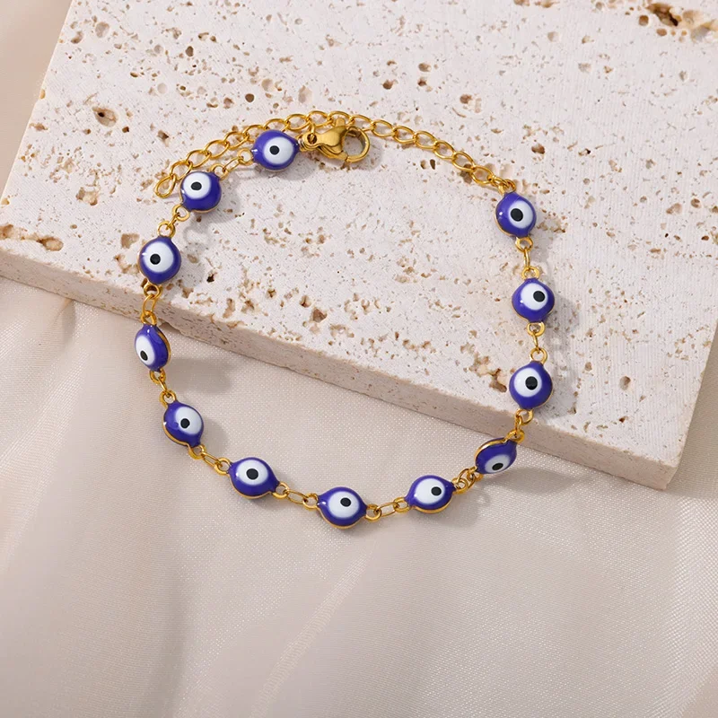 Stainless Steel Evil Eye Bracelets For Women Men Enamel Round Chain Blue Evil Eye Hand Bracelet Summer Beach Jewelry Gift 2024