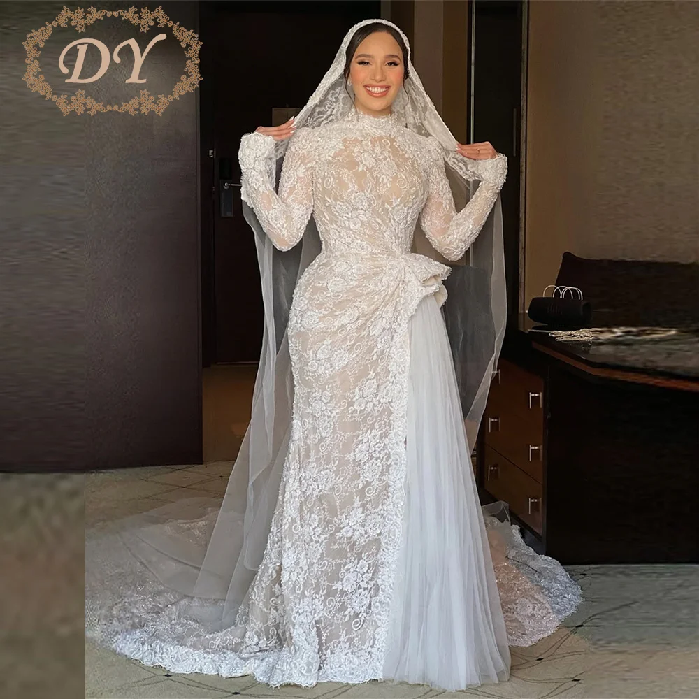 

DY Modest Arabic Lace Mermaid Wedding Dresses High Neck Full Sleeves Sweep Tail Bridal Gowns Customized فساتين زفاف